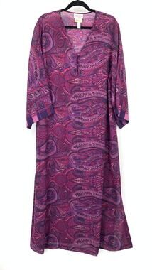 Lejaby Neiman Marcus Womens M Paisley Hostess Gown Purple Pink Lounge Caftan